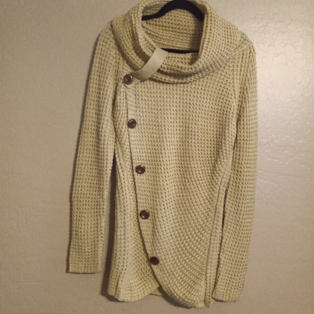 Turtle Cowl Neck Asymmetric Button Hem Knit Wrap Pullover Chunky Sweater - Picture 2 of 7